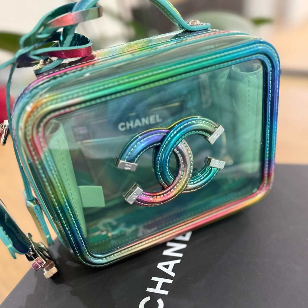 Chanel CC Filigree vinyl x patent leather Vanity bag Rainbow Silver Metal Fittin